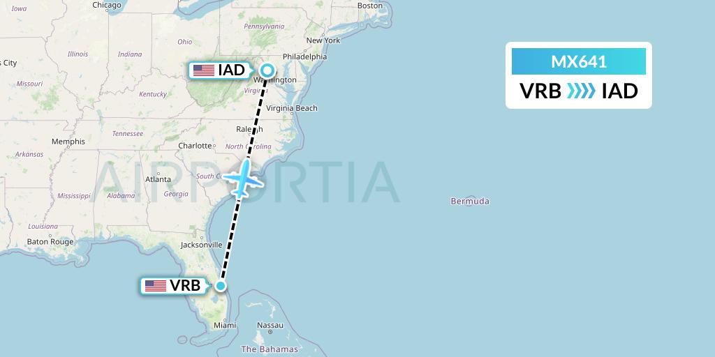 MX641 Breeze Airways Flight Map: Vero Beach to Washington