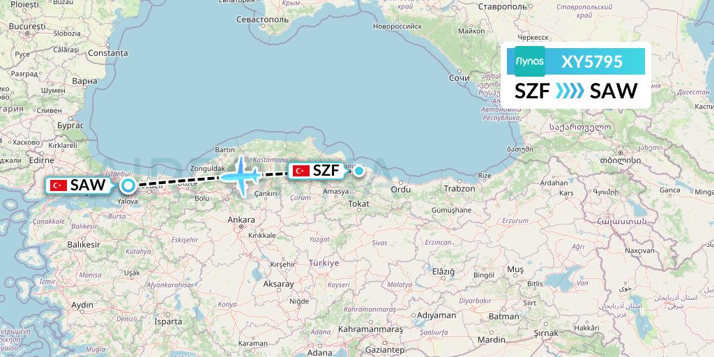 XY5795 Flynas Flight Map: Samsun to Istanbul