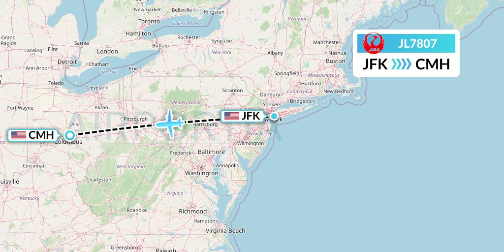 JL7807 Japan Airlines Flight Map: New York to Columbus