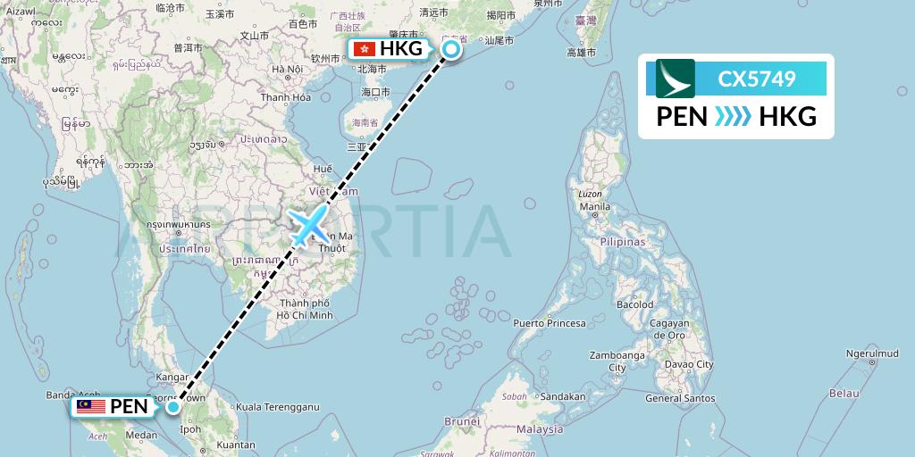 CX5749 Cathay Pacific Flight Map: Penang to Hong Kong