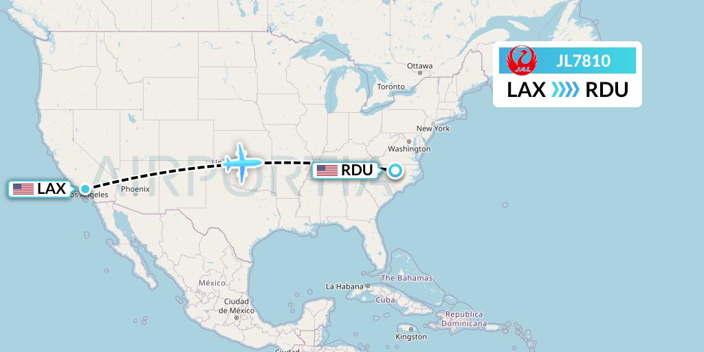 JL7810 Japan Airlines Flight Map: Los Angeles to Raleigh-Durham