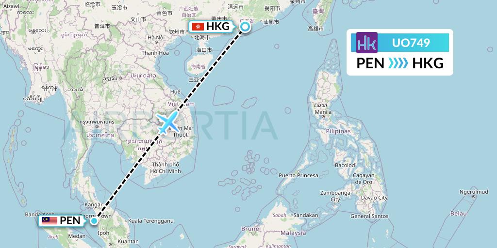 UO749 Hong Kong Express Flight Map: Penang to Hong Kong
