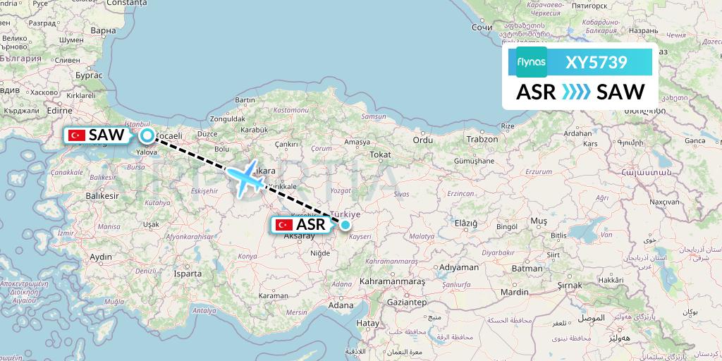 XY5739 Flynas Flight Map: Kayseri to Istanbul