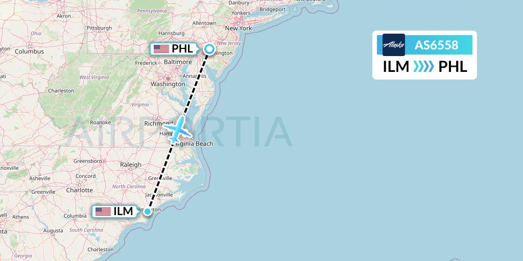 AS6558 Alaska Airlines Flight Map: Wilmington to Philadelphia