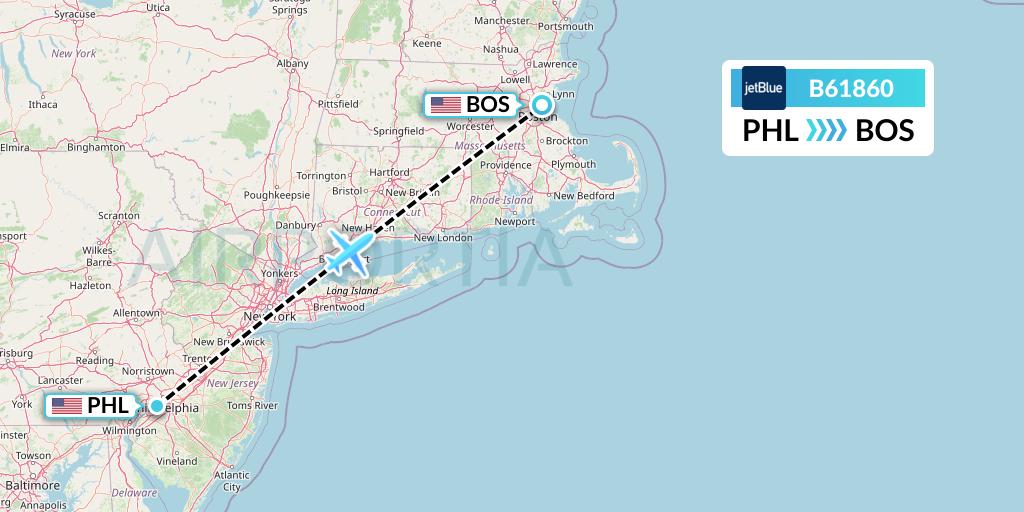 B61860 JetBlue Airways Flight Map: Philadelphia to Boston