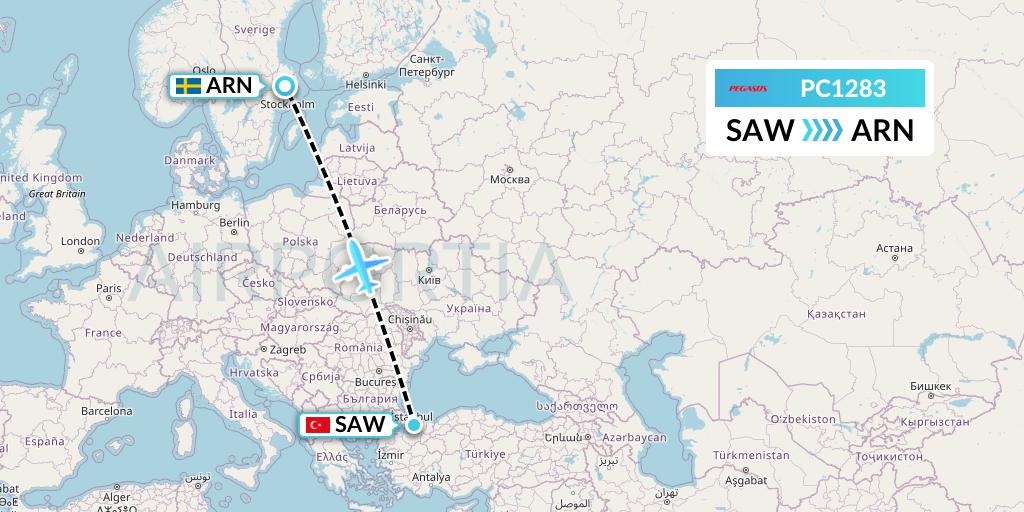 PC1283 Pegasus Airlines Flight Map: Istanbul to Stockholm