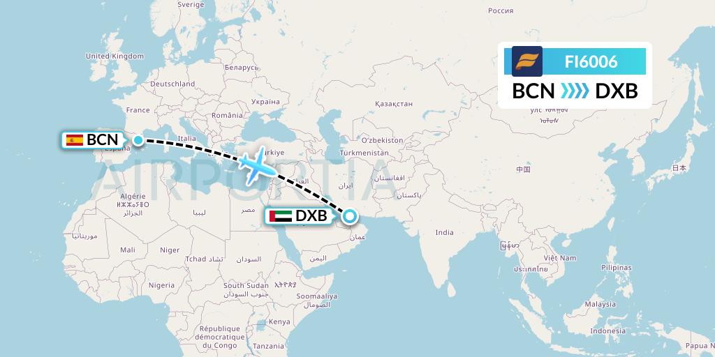 FI6006 Icelandair Flight Map: Barcelona to Dubai