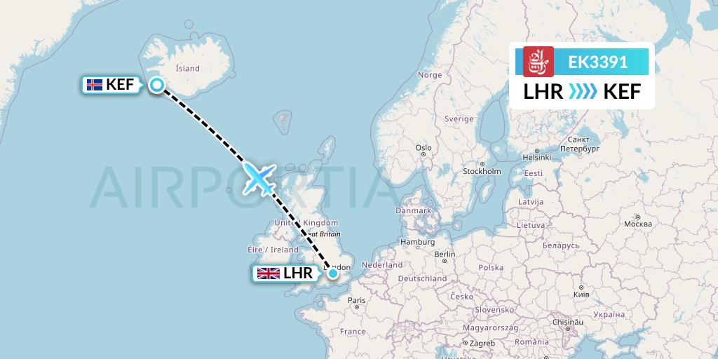 EK3391 Emirates Flight Map: London to Reykjavik