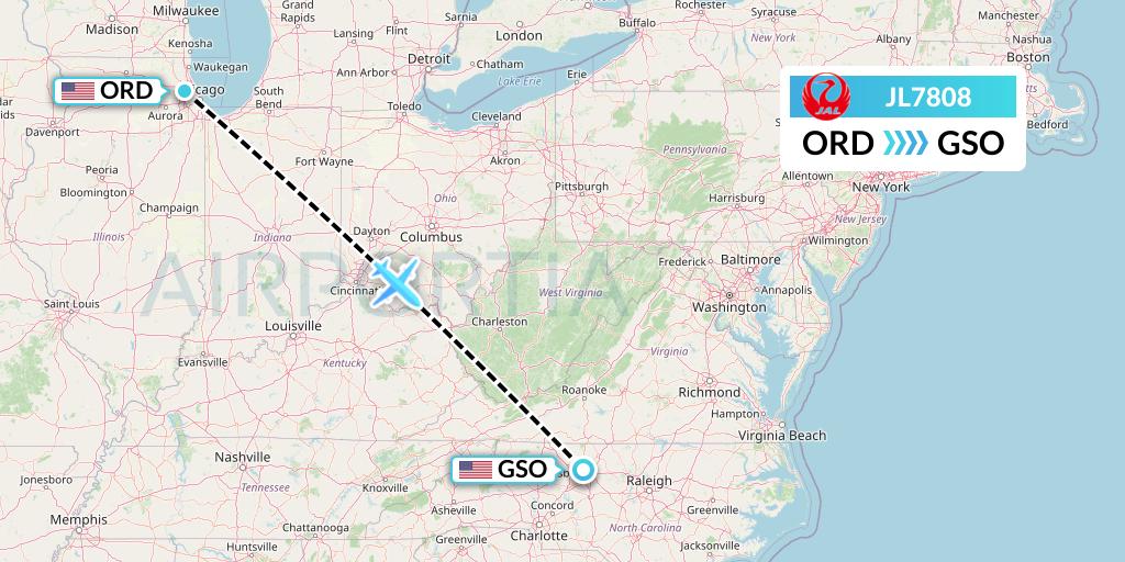 JL7808 Japan Airlines Flight Map: Chicago to Greensboro