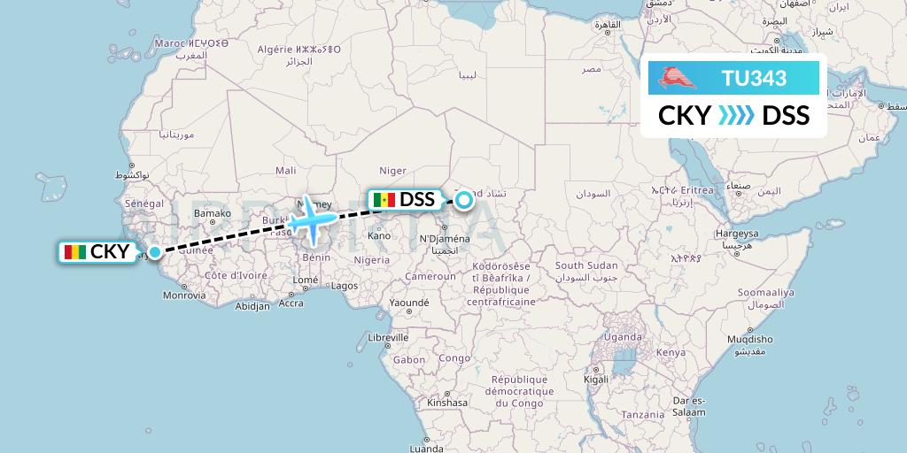 TU343 Tunisair Flight Map: Conakry to Dakar