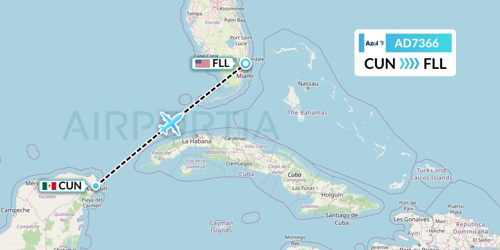 AD7366 Azul Brazilian Airlines Flight Map: Cancun to Fort Lauderdale