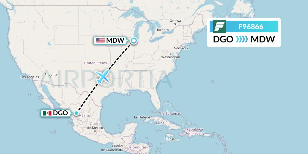 F96866 Frontier Airlines Flight Map: Durango to Chicago