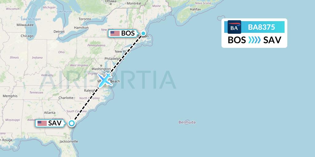 BA8375 British Airways Flight Map: Boston to Savannah