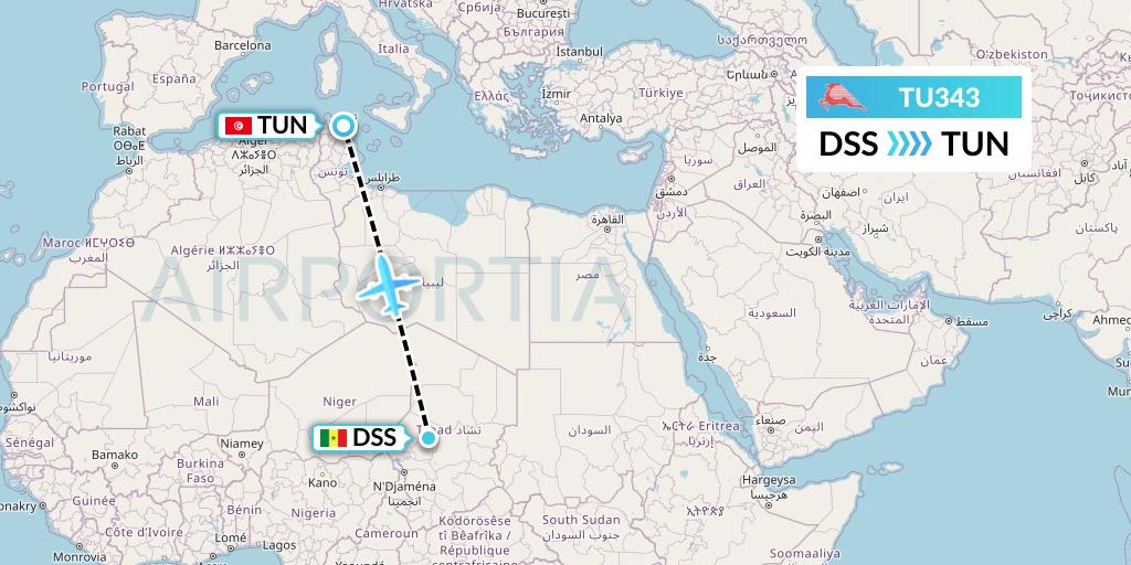 TU343 Tunisair Flight Map: Dakar to Tunis