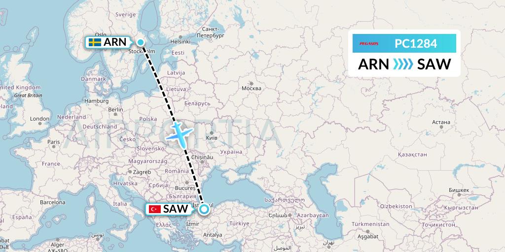 PC1284 Pegasus Airlines Flight Map: Stockholm to Istanbul