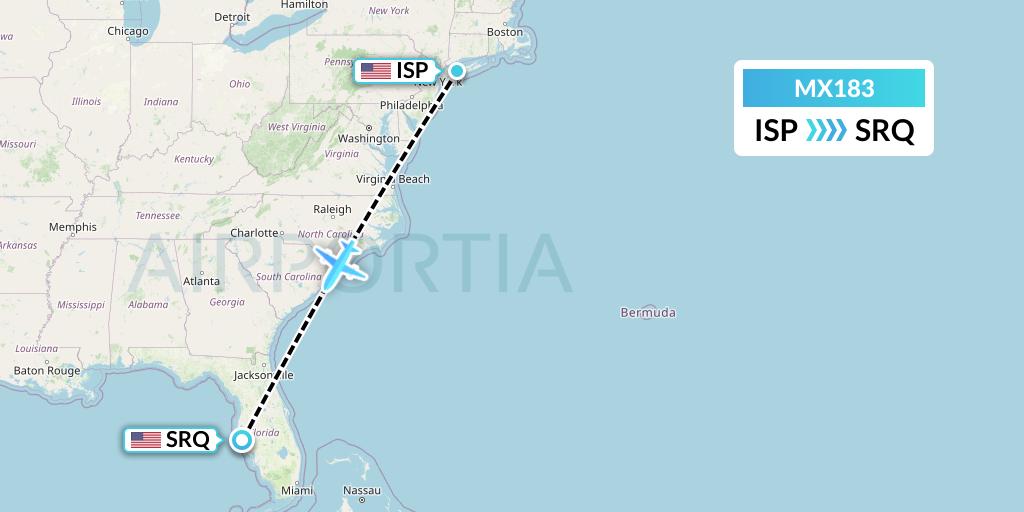 MX183 Breeze Airways Flight Map: Islip to Sarasota
