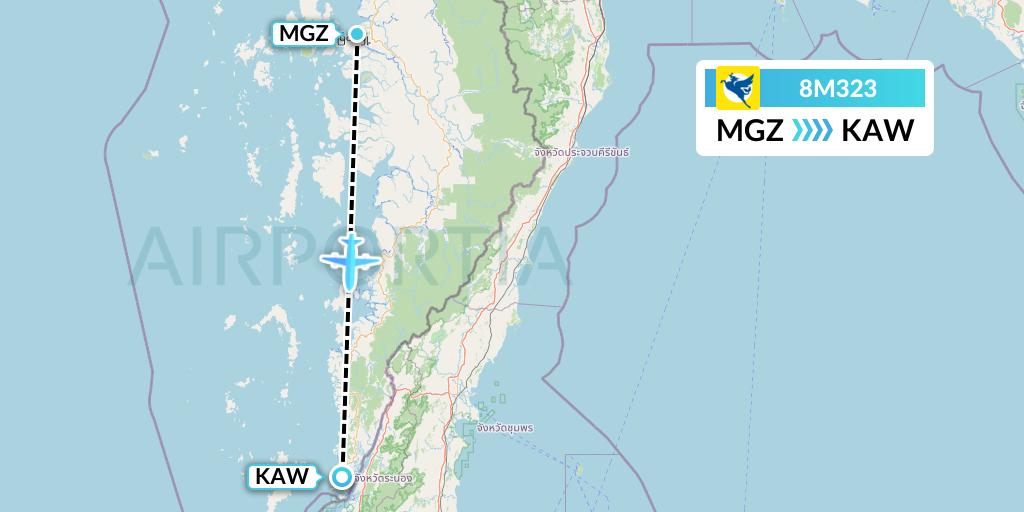 8M323 Myanmar Airways International Flight Map: Myeik to Kawthaung
