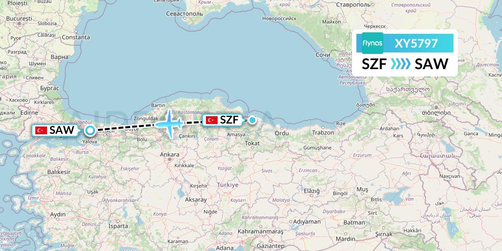 XY5797 Flynas Flight Map: Samsun to Istanbul