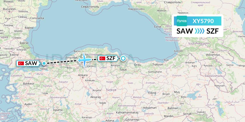 XY5790 Flynas Flight Map: Istanbul to Samsun