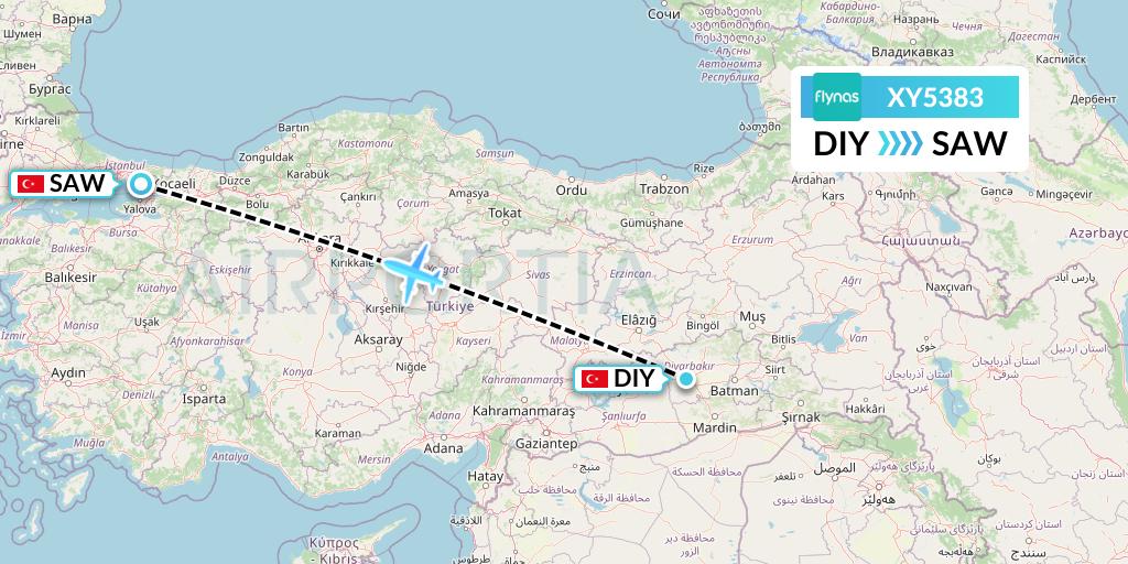 XY5383 Flynas Flight Map: Diyarbakir to Istanbul