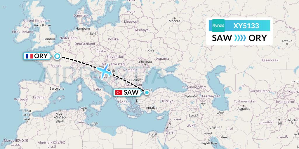 XY5133 Flynas Flight Map: Istanbul to Paris