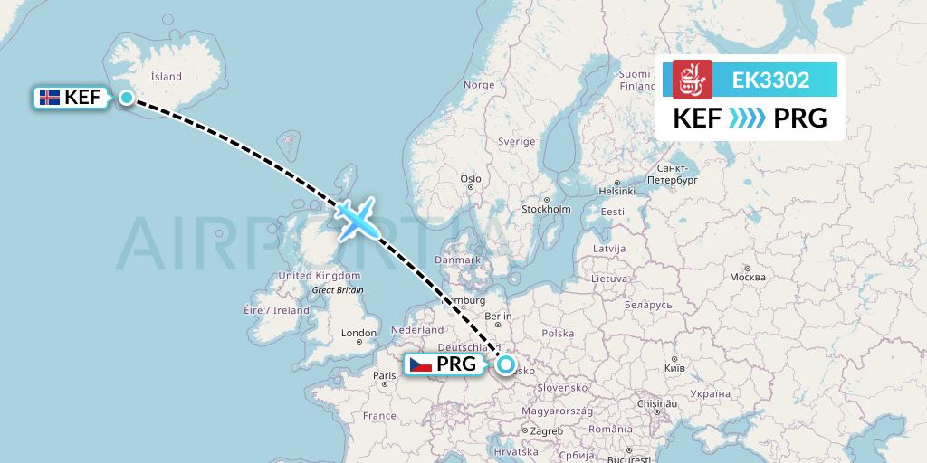EK3302 Emirates Flight Map: Reykjavik to Prague