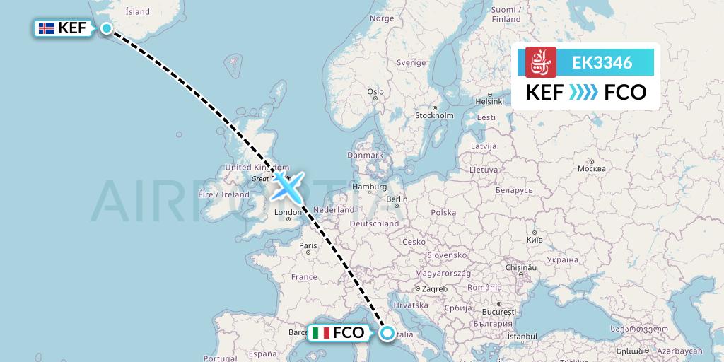 EK3346 Emirates Flight Map: Reykjavik to Rome