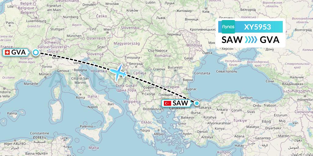 XY5953 Flynas Flight Map: Istanbul to Geneva