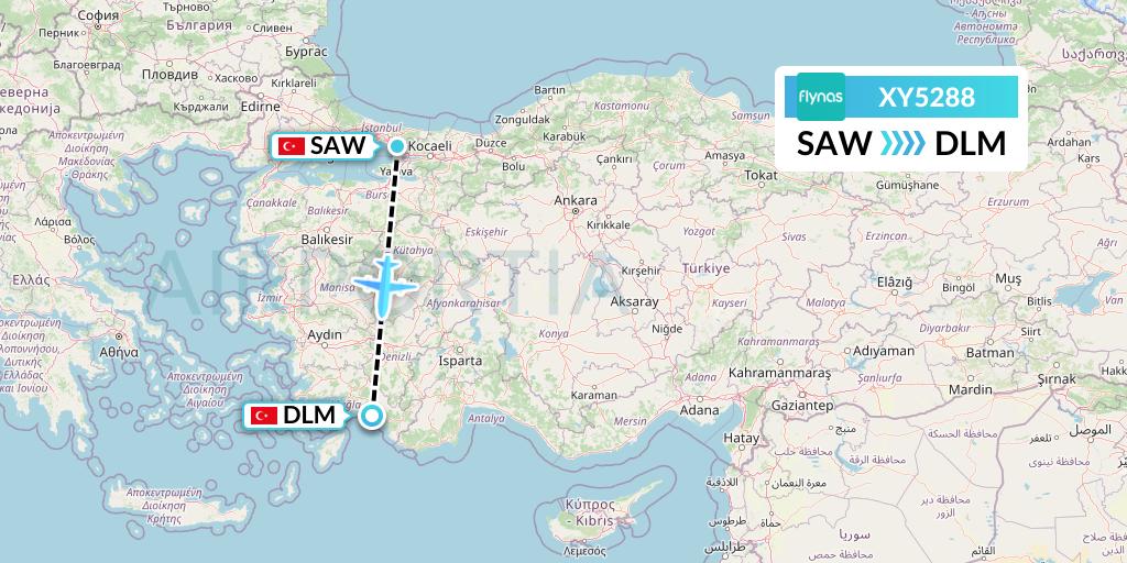 XY5288 Flynas Flight Map: Istanbul to Dalaman