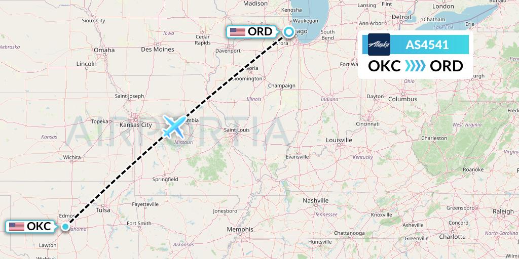 AS4541 Alaska Airlines Flight Map: Oklahoma City to Chicago
