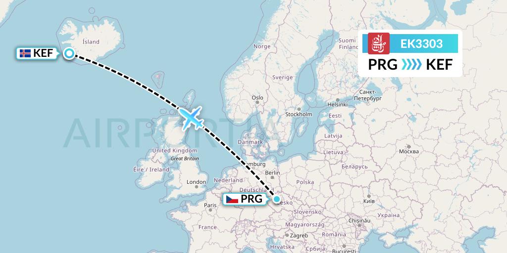 EK3303 Emirates Flight Map: Prague to Reykjavik