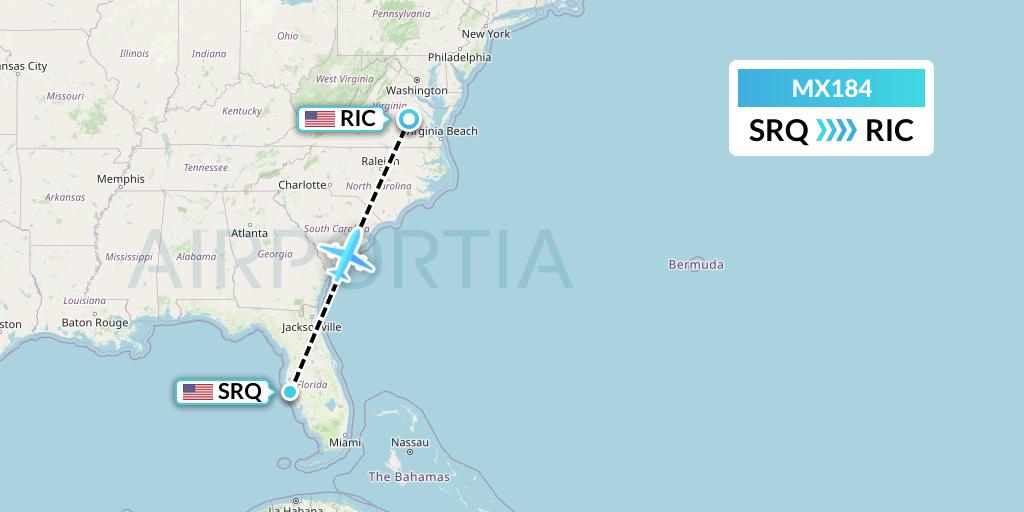 MX184 Breeze Airways Flight Map: Sarasota to Richmond