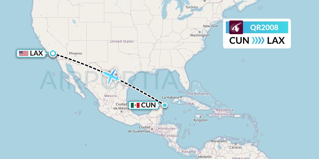 QR2008 Qatar Airways Flight Map: Cancun to Los Angeles