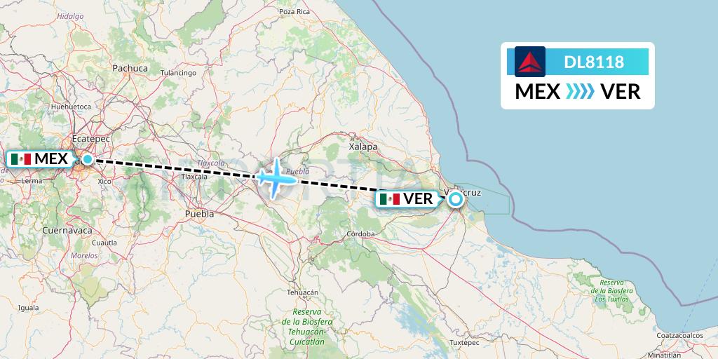 DL8118 Delta Air Lines Flight Map: Mexico City to Veracruz