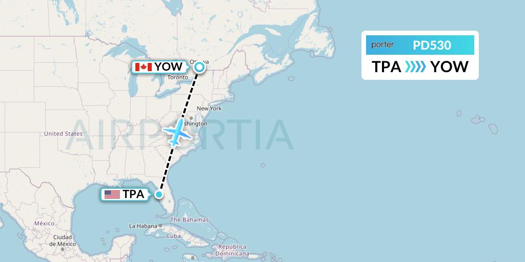 PD530 Porter Airlines Flight Map: Tampa to Ottawa