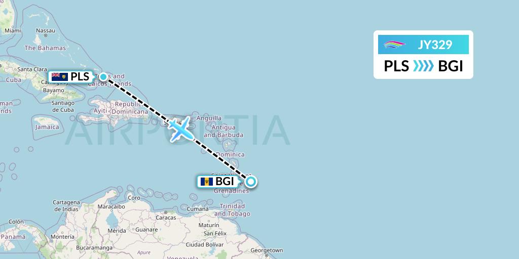 JY329 InterCaribbean Airways Flight Map: Providenciales to Bridgetown
