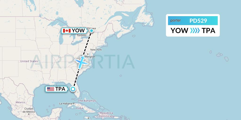 PD529 Porter Airlines Flight Map: Ottawa to Tampa