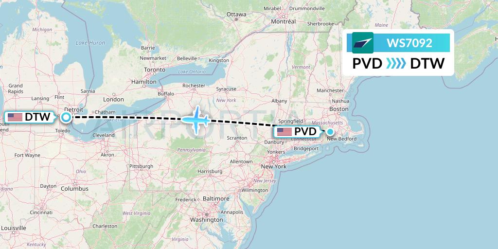 WS7092 WestJet Flight Map: Providence to Detroit