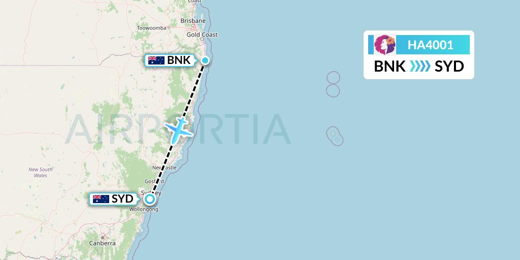 HA4001 Hawaiian Airlines Flight Map: Ballina to Sydney