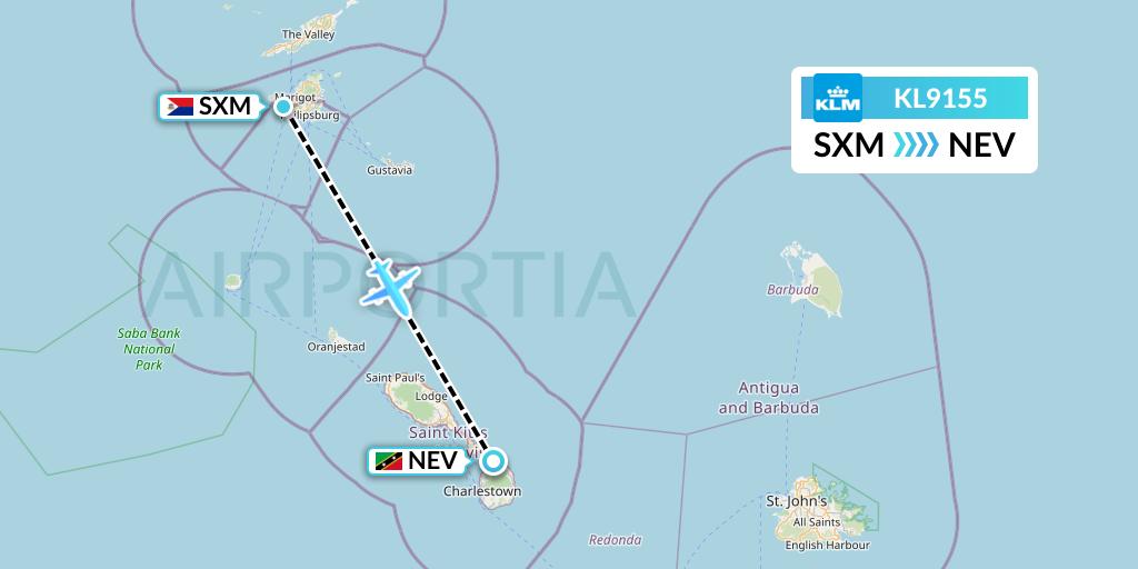 KL9155 KLM Flight Map: Sint Maarten to Nevis