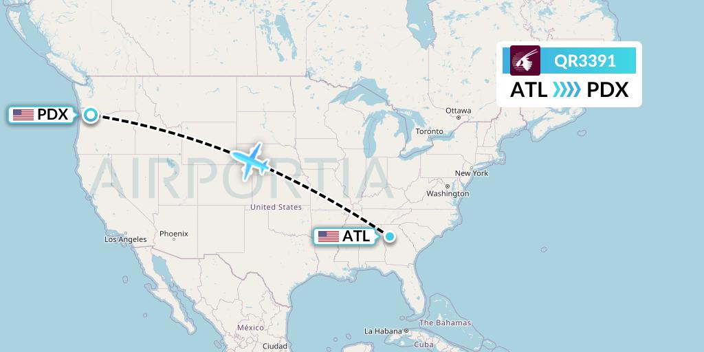 QR3391 Qatar Airways Flight Map: Atlanta to Portland