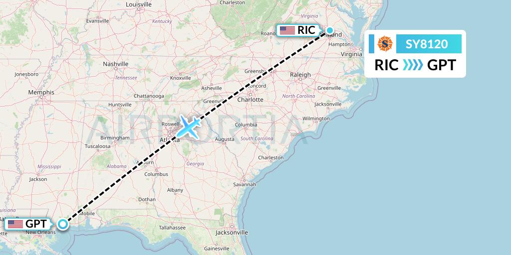 SY8120 Sun Country Airlines Flight Map: Richmond to Gulfport