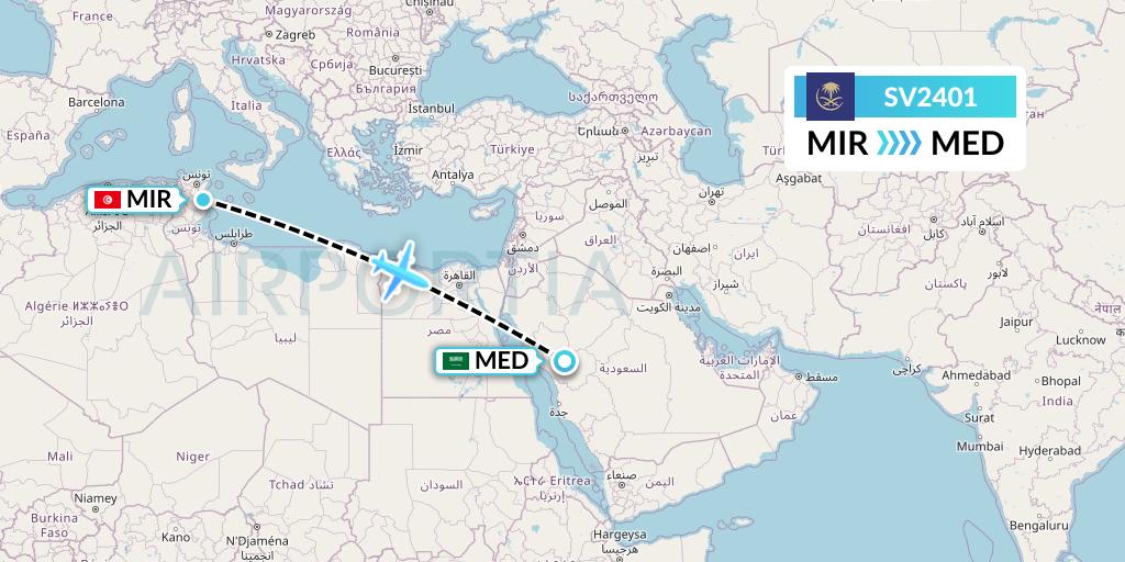 SV2401 Saudi Arabian Airlines Flight Map: Monastir to Medina