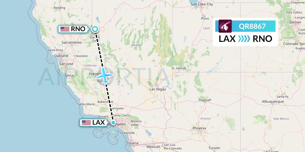 QR8867 Qatar Airways Flight Map: Los Angeles to Reno