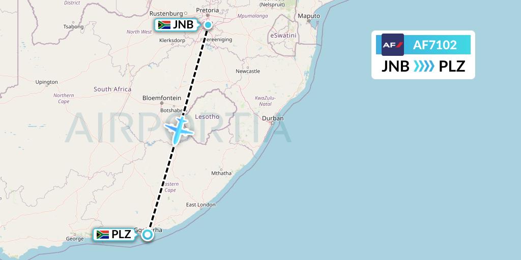 AF7102 Air France Flight Map: Johannesburg to Port Elizabeth