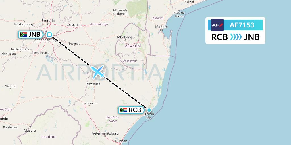 AF7153 Air France Flight Map: Richards Bay to Johannesburg