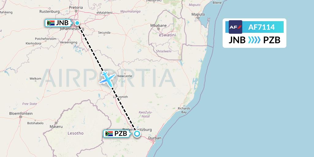 AF7114 Air France Flight Map: Johannesburg to Pietermaritzburg