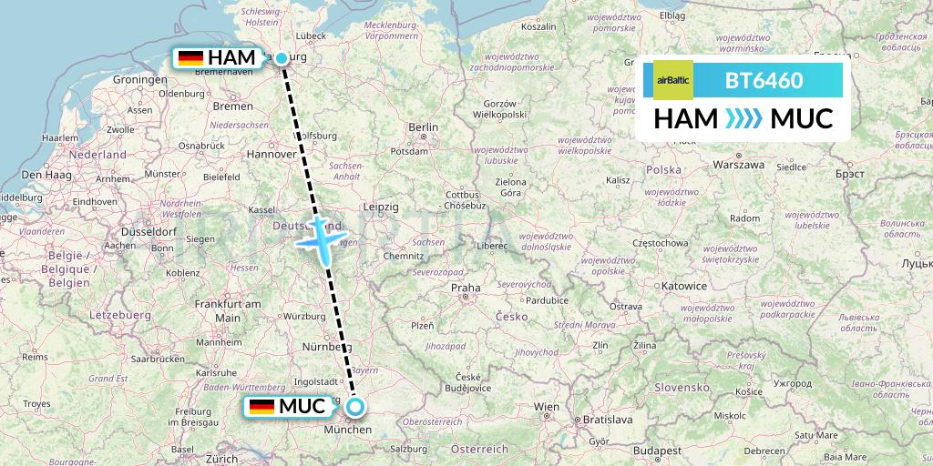 BT6460 Air Baltic Flight Map: Hamburg to Munich