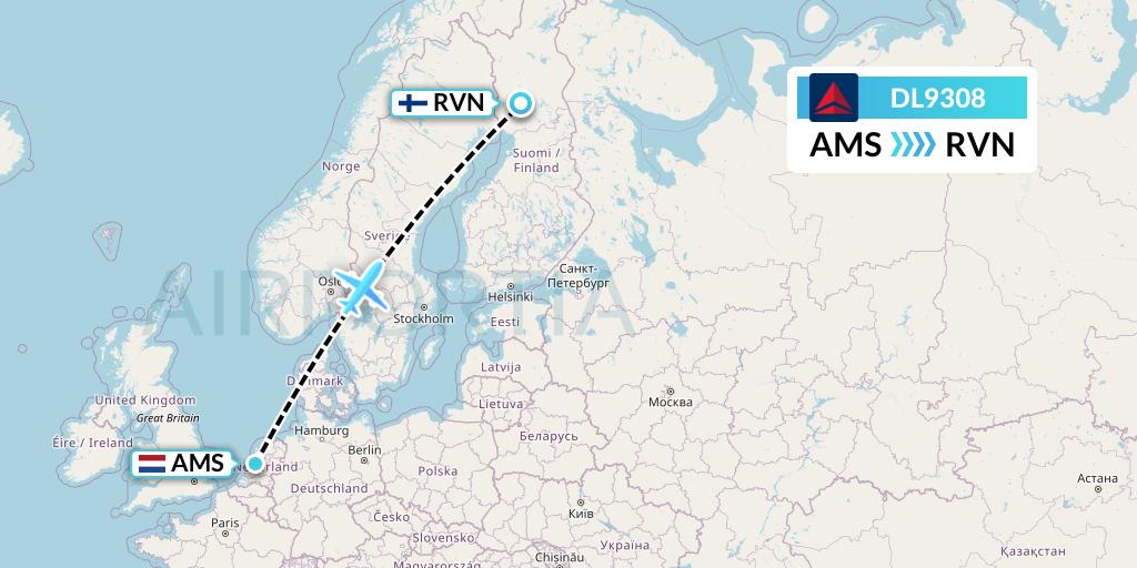 DL9308 Delta Air Lines Flight Map: Amsterdam to Rovaniemi