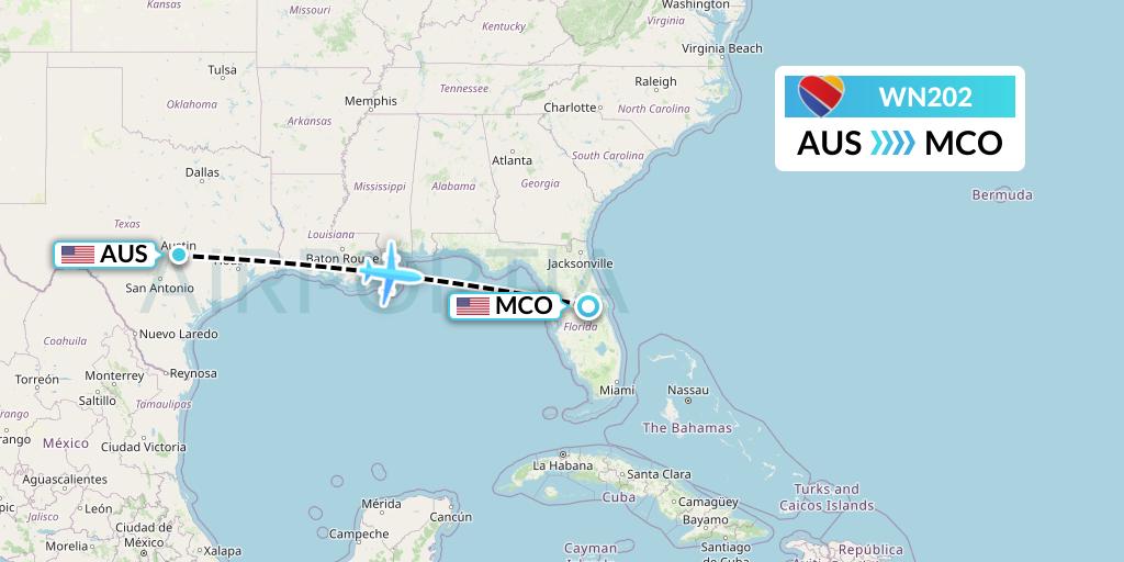 WN202 Southwest Airlines Flight Map: Austin to Orlando